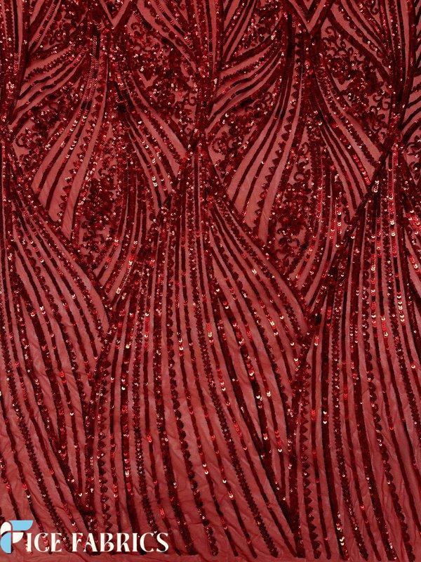 Red Damask Stretch Sequin Fabric On Mesh