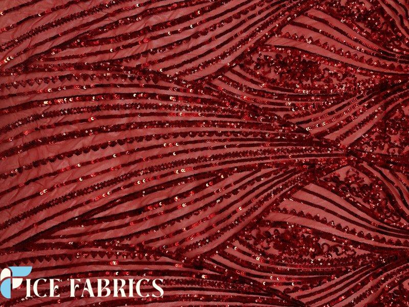 Red Damask Stretch Sequin Fabric On Mesh