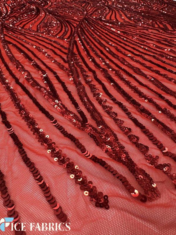 Red Damask Stretch Sequin Fabric On Mesh