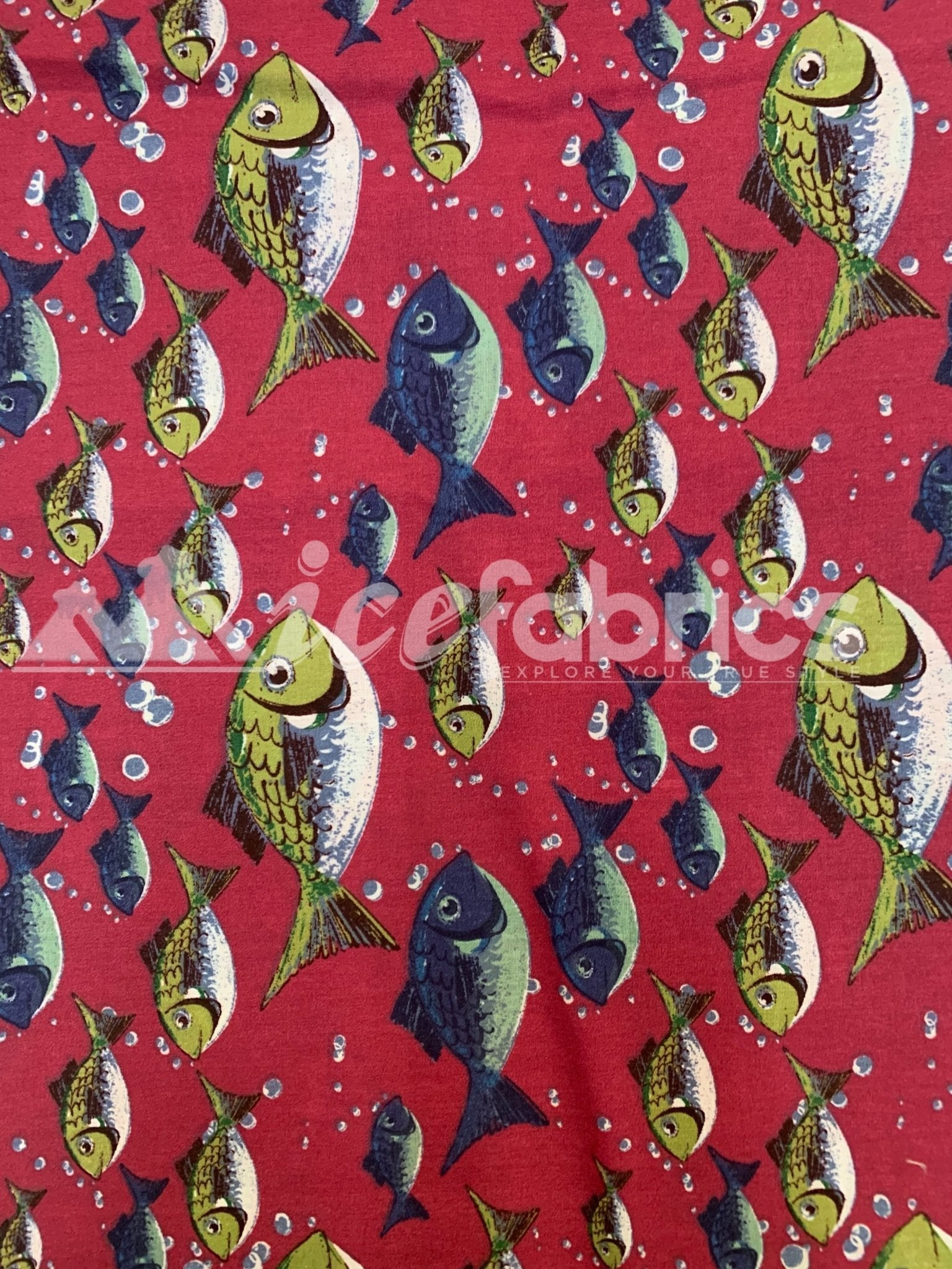 Red Fish Print Poly Cotton Fabric By The Yard