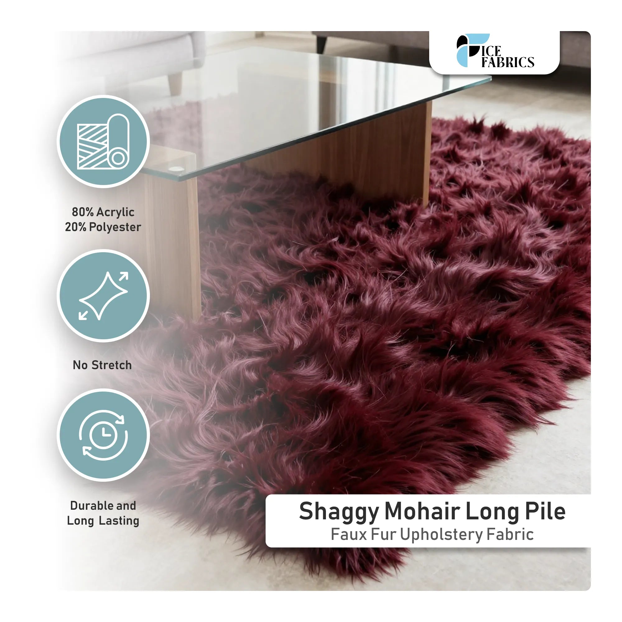 Baby Blue Shaggy Mohair Long Pile Faux Fur Upholstery Fabric Details