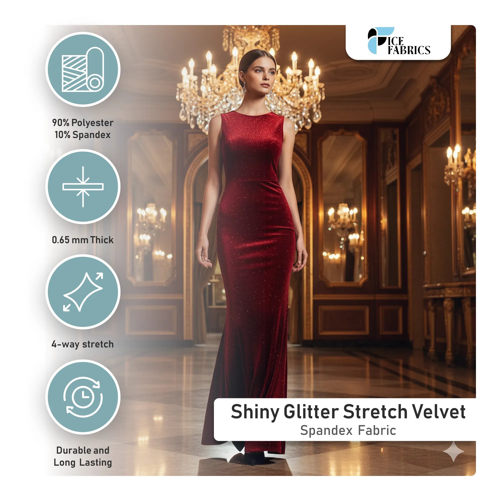 Teal Green Shiny Glitter Stretch Velvet Fabric | Spandex Fabric