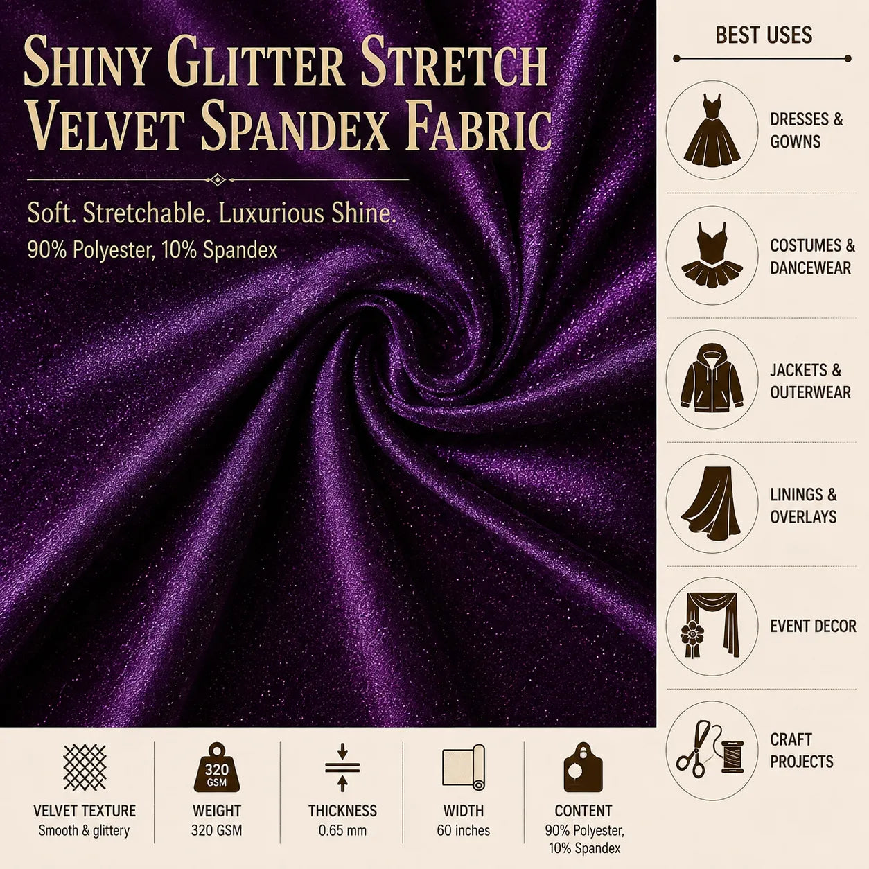Shiny Glitter Stretch Velvet Spandex Fabric | VelvetGlow