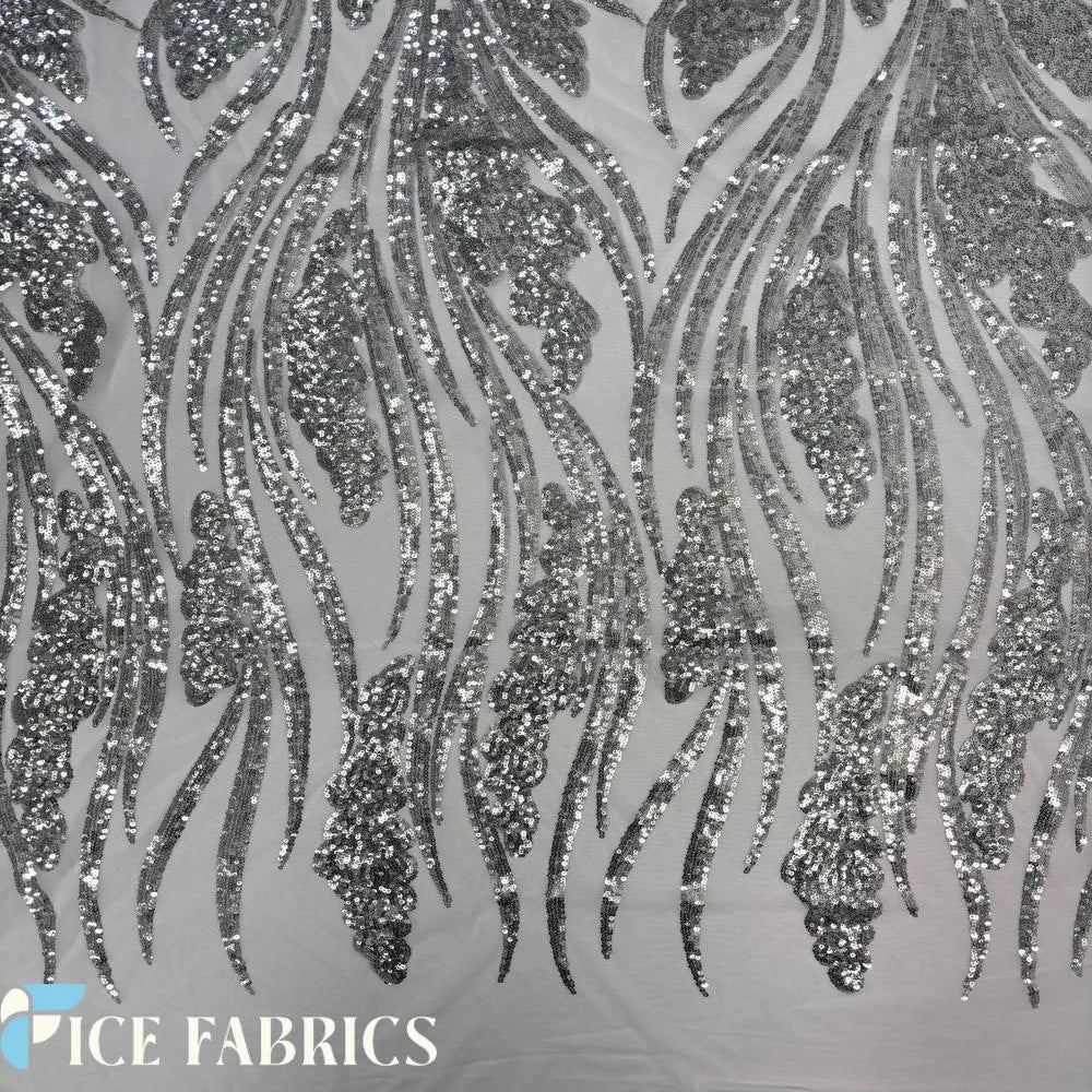Silver Feather Stretch Sequin Fabric By The Yard | Premium