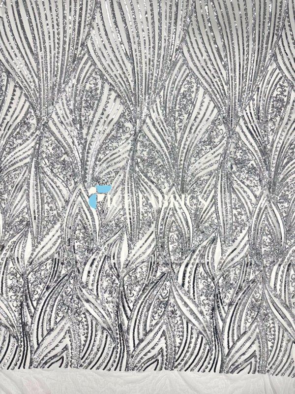 Silver on White Stretch Sequin Fabric On Mesh