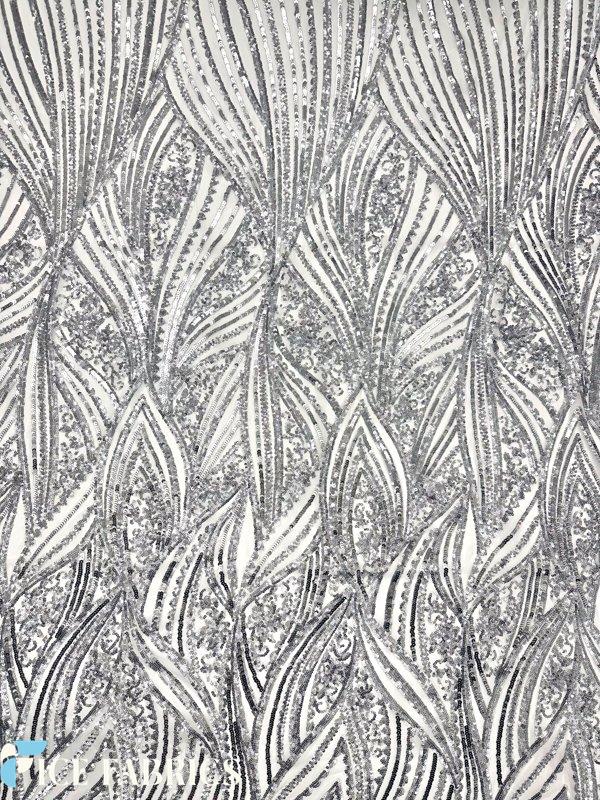 Silver on White Stretch Sequin Fabric On Mesh