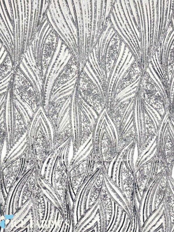 Silver on White Stretch Sequin Fabric On Mesh