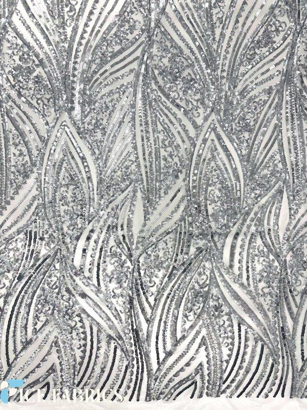 Silver on White Stretch Sequin Fabric On Mesh