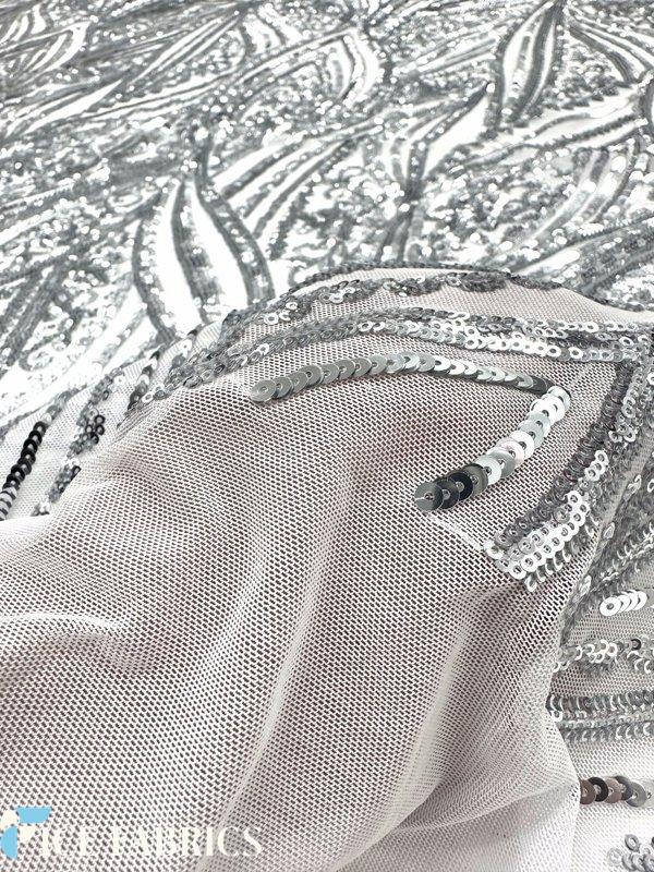 Silver on White Stretch Sequin Fabric On Mesh