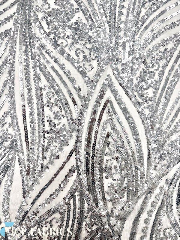 Silver on White Stretch Sequin Fabric On Mesh