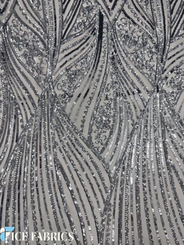 Silver on White Stretch Sequin Fabric On Mesh