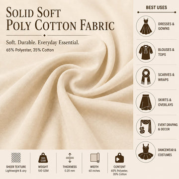 White Solid Soft Poly Cotton Fabric By The Yard