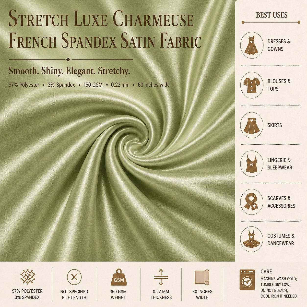 Silky Charmeuse Stretch Satin Fabric Fashion Fabric Black