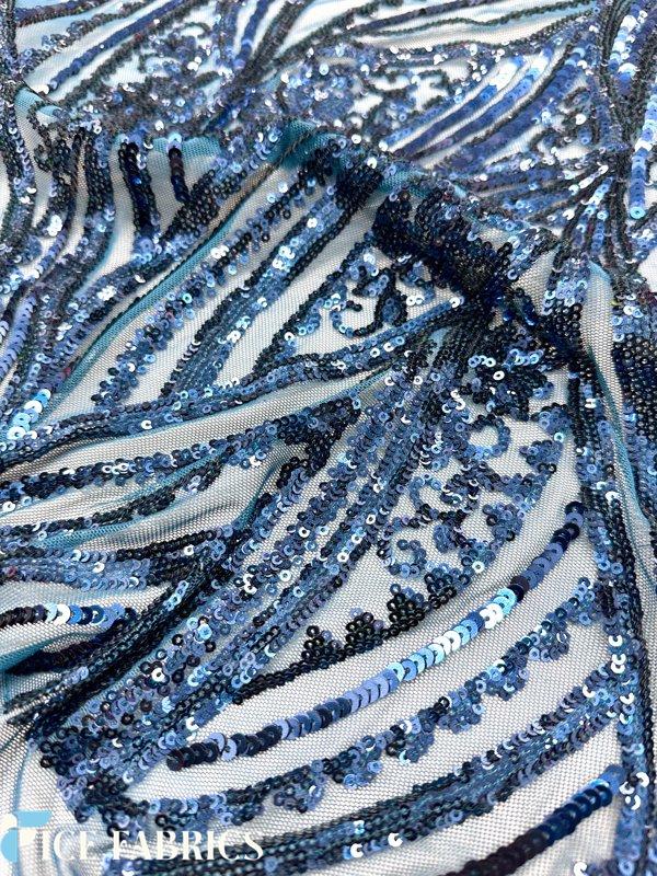 Teal Blue Stretch Sequin Fabric On Mesh