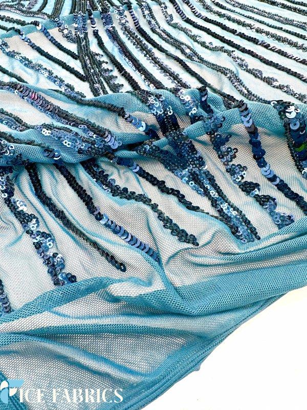 Teal Blue Stretch Sequin Fabric On Mesh