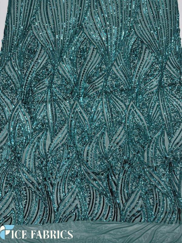 Teal Green Stretch Sequin Fabric On Mesh