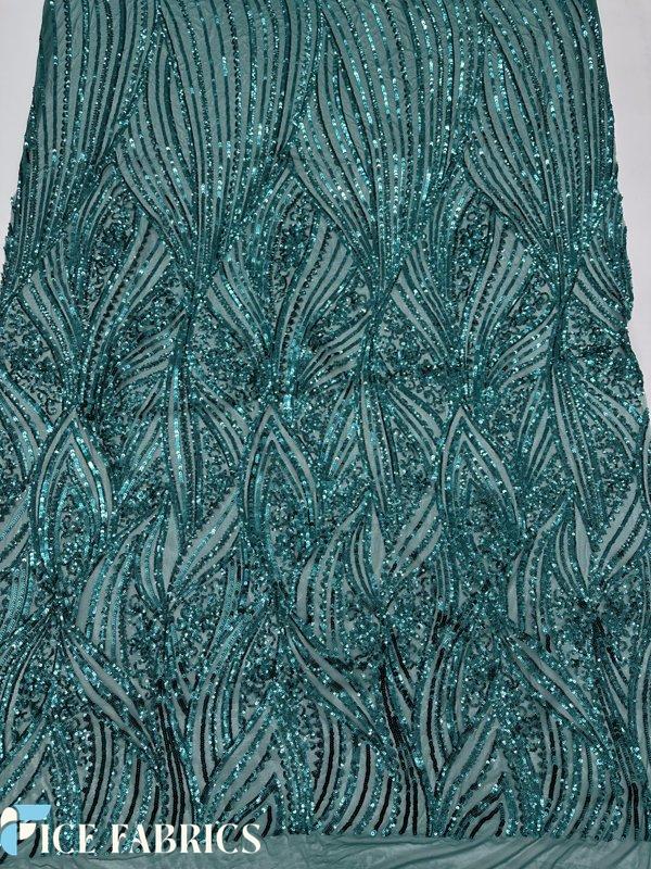 Teal Green Stretch Sequin Fabric On Mesh