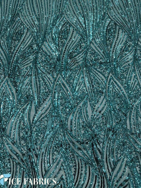 Teal Green Stretch Sequin Fabric On Mesh