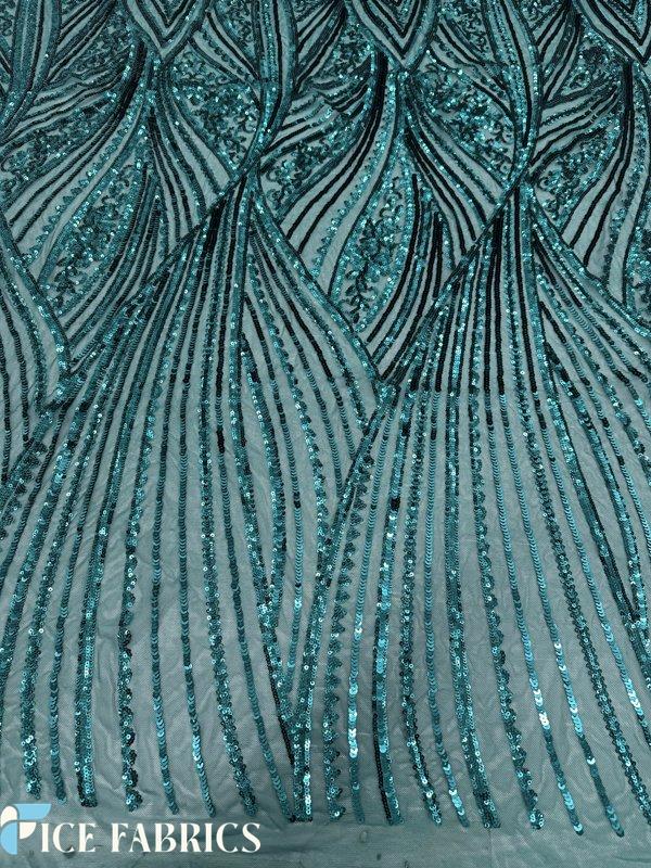 Teal Green Stretch Sequin Fabric On Mesh