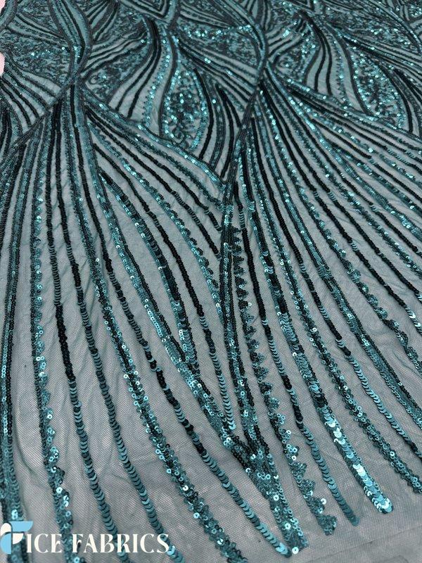 Teal Green Stretch Sequin Fabric On Mesh