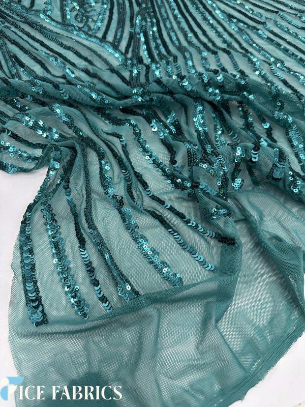 Teal Green Stretch Sequin Fabric On Mesh