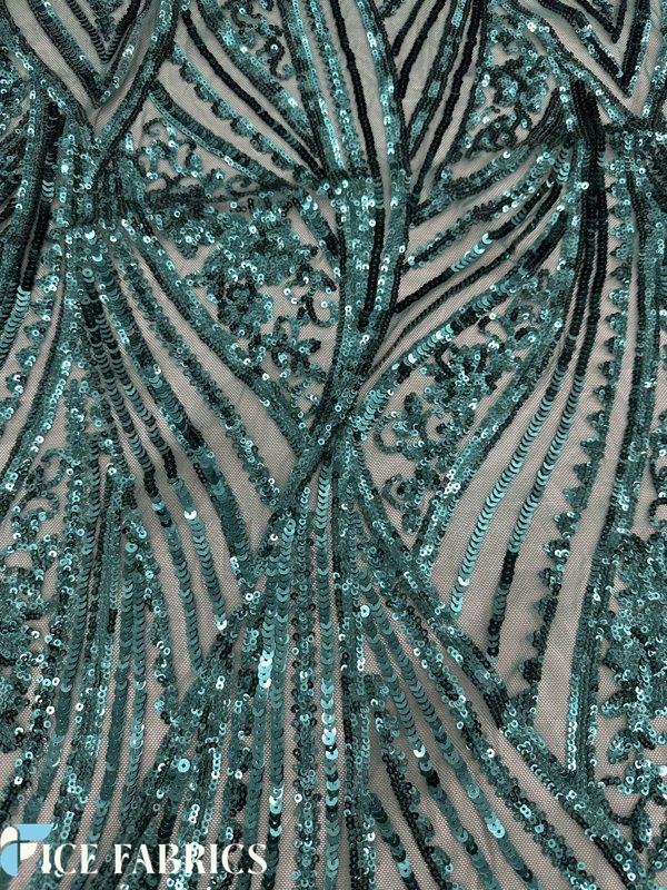 Teal Green Stretch Sequin Fabric On Mesh