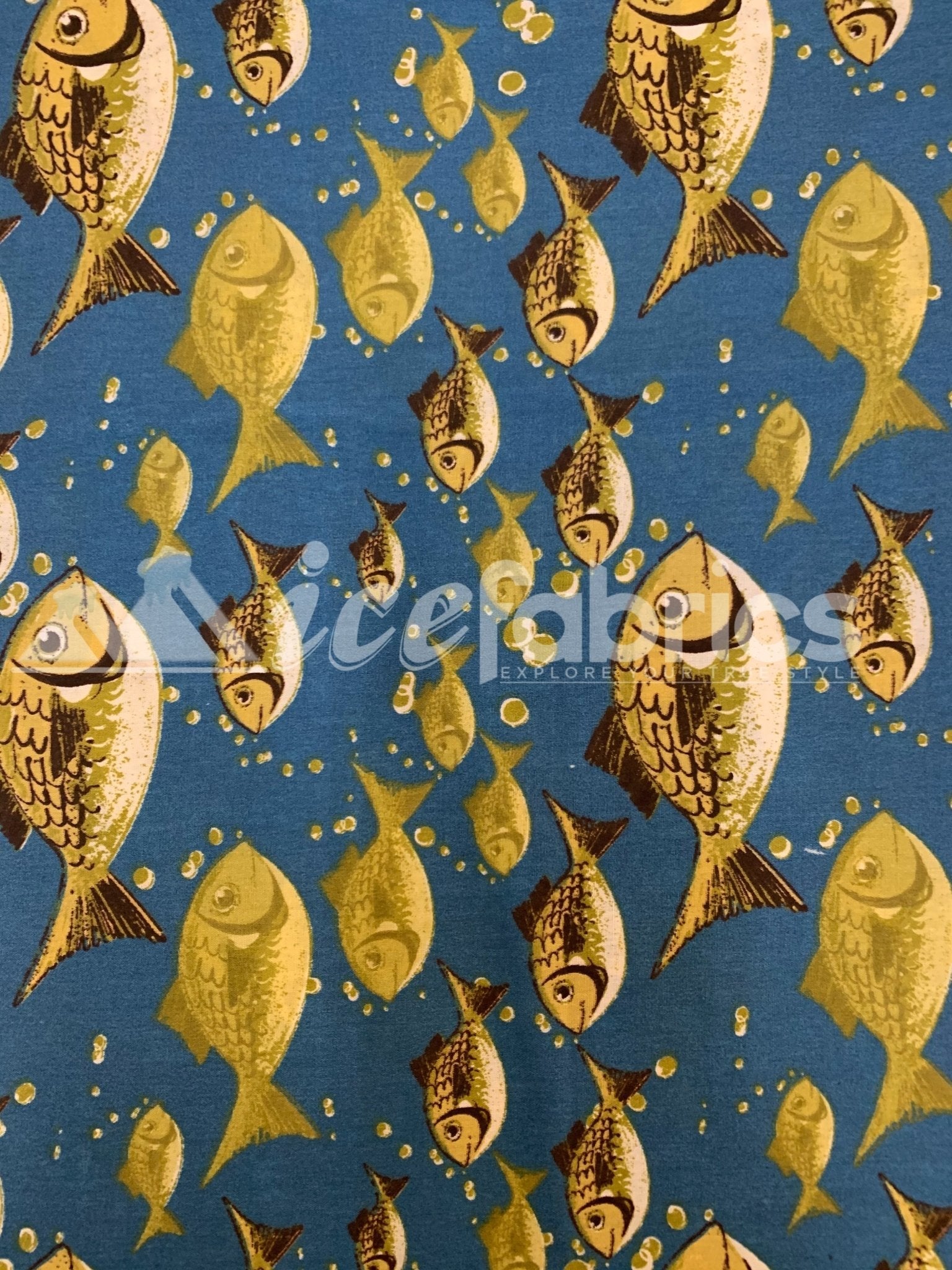Turquoise Fish Print Poly Cotton Fabric By The Yard