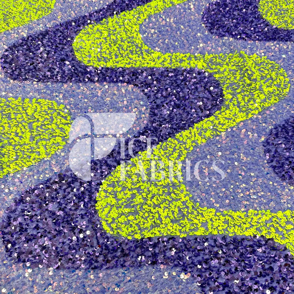 Wavy Lavender Neon Yellow on Lavender Stretch Velvet Sequin Fabric