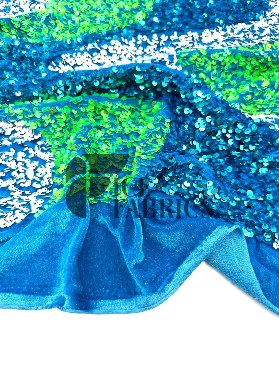 Wavy Lime White on Turquoise Stretch Velvet Sequin Fabric