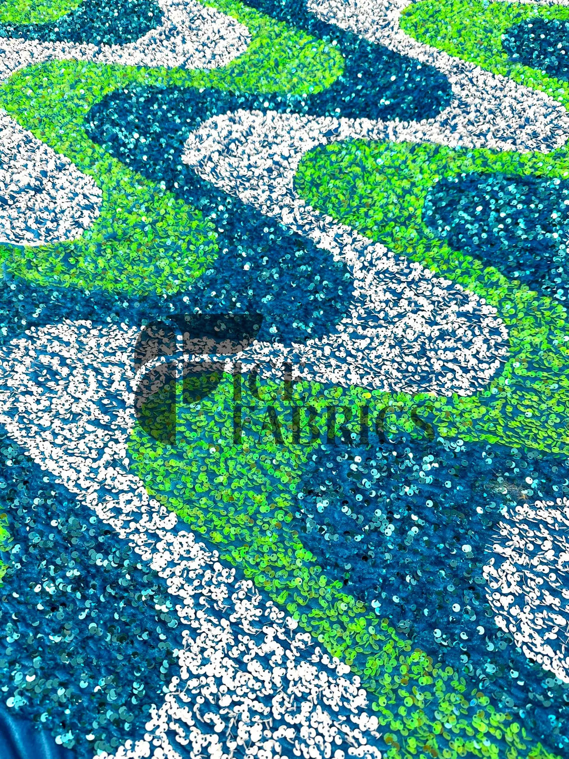 Wavy Lime White on Turquoise Stretch Velvet Sequin Fabric