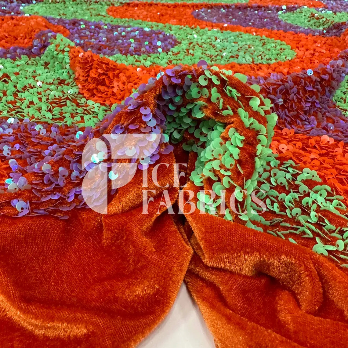 Wavy Neon Orange Green Purple Iridescent on Orange Stretch Velvet Sequin Fabric