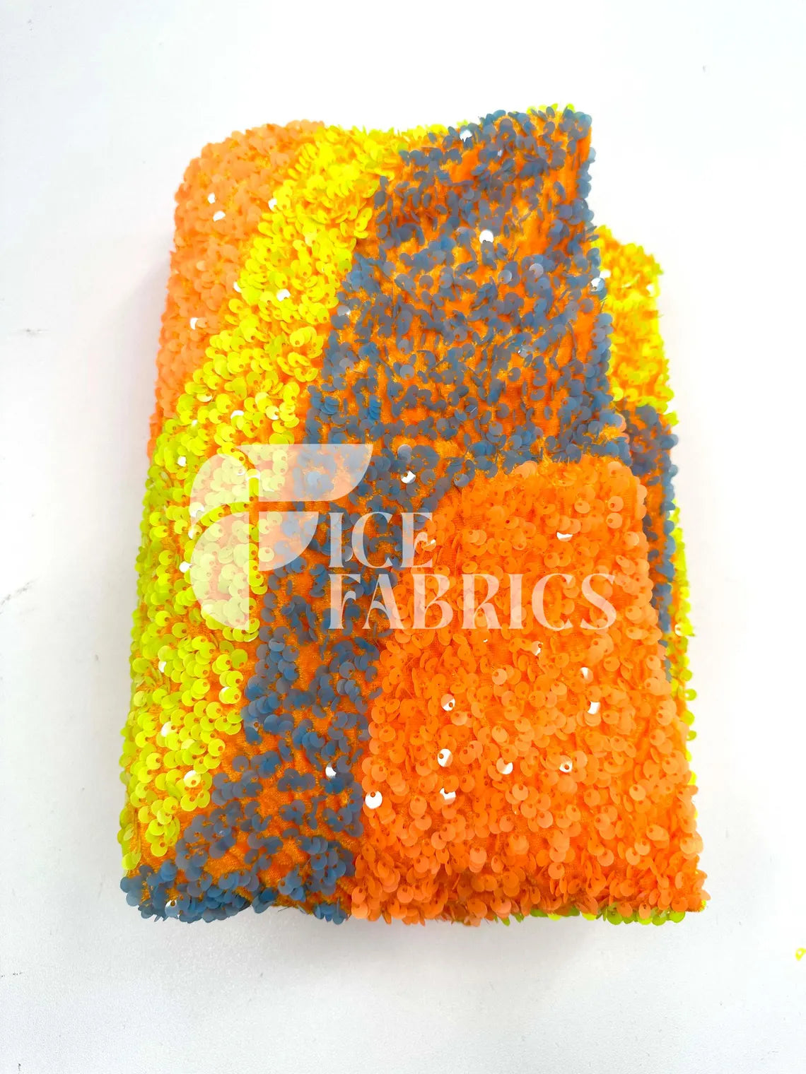 Wavy Neon Orange Yellow on Orange Stretch Velvet Sequin Fabric