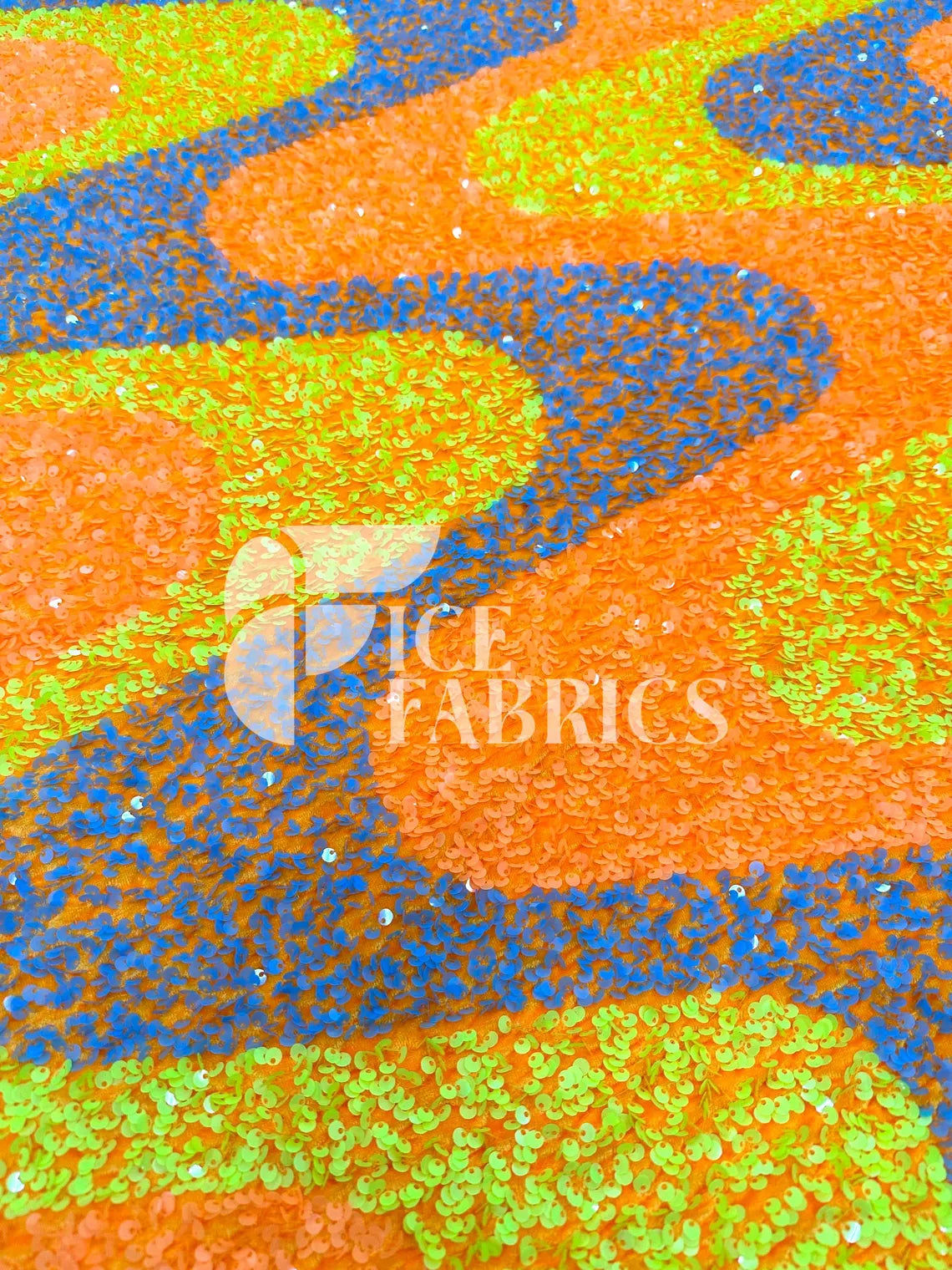 Wavy Neon Orange Yellow on Orange Stretch Velvet Sequin Fabric