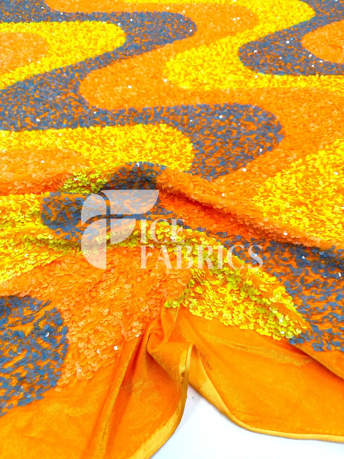 Wavy Neon Orange Yellow on Orange Stretch Velvet Sequin Fabric