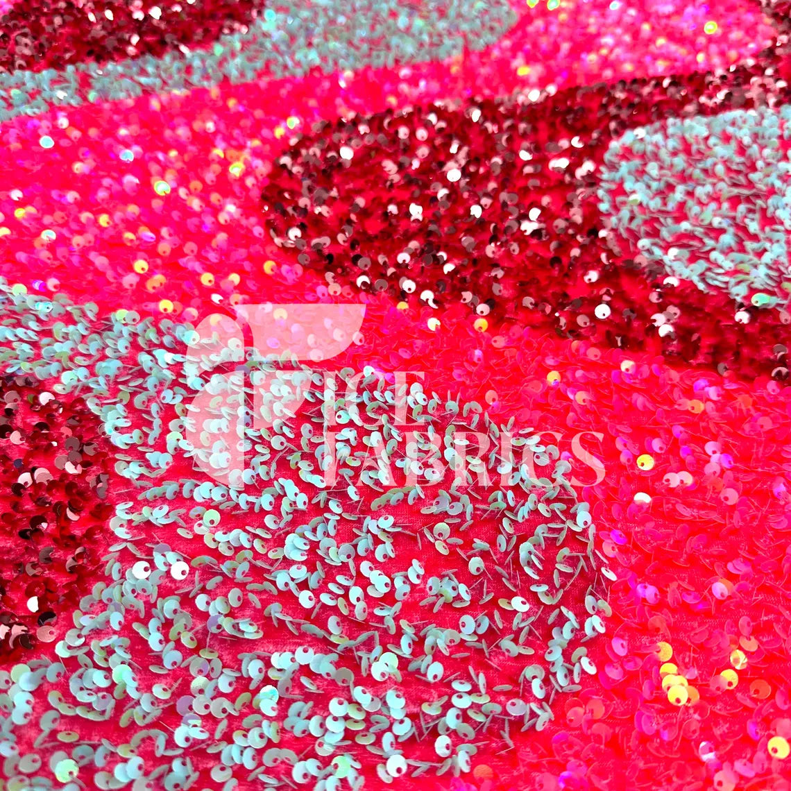 Wavy Neon Pink Blue Iridescent on Pink Stretch Velvet Sequin Fabric