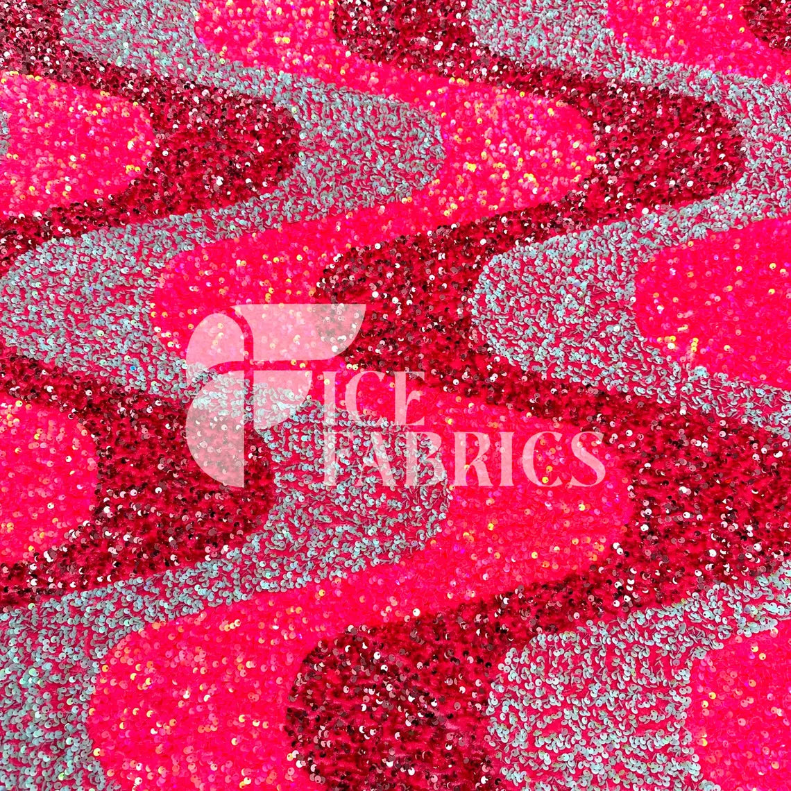 Wavy Neon Pink Blue Iridescent on Pink Stretch Velvet Sequin Fabric