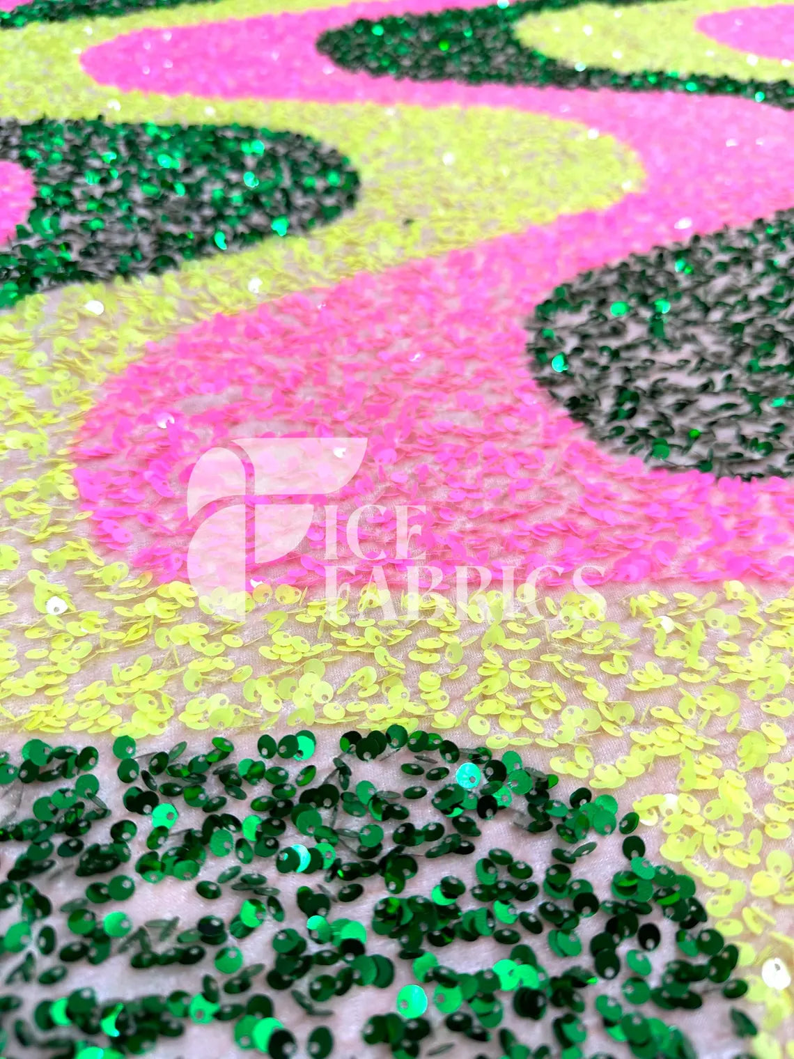 Wavy Pink Green Yellow on Champagne Stretch Velvet Sequin Fabric