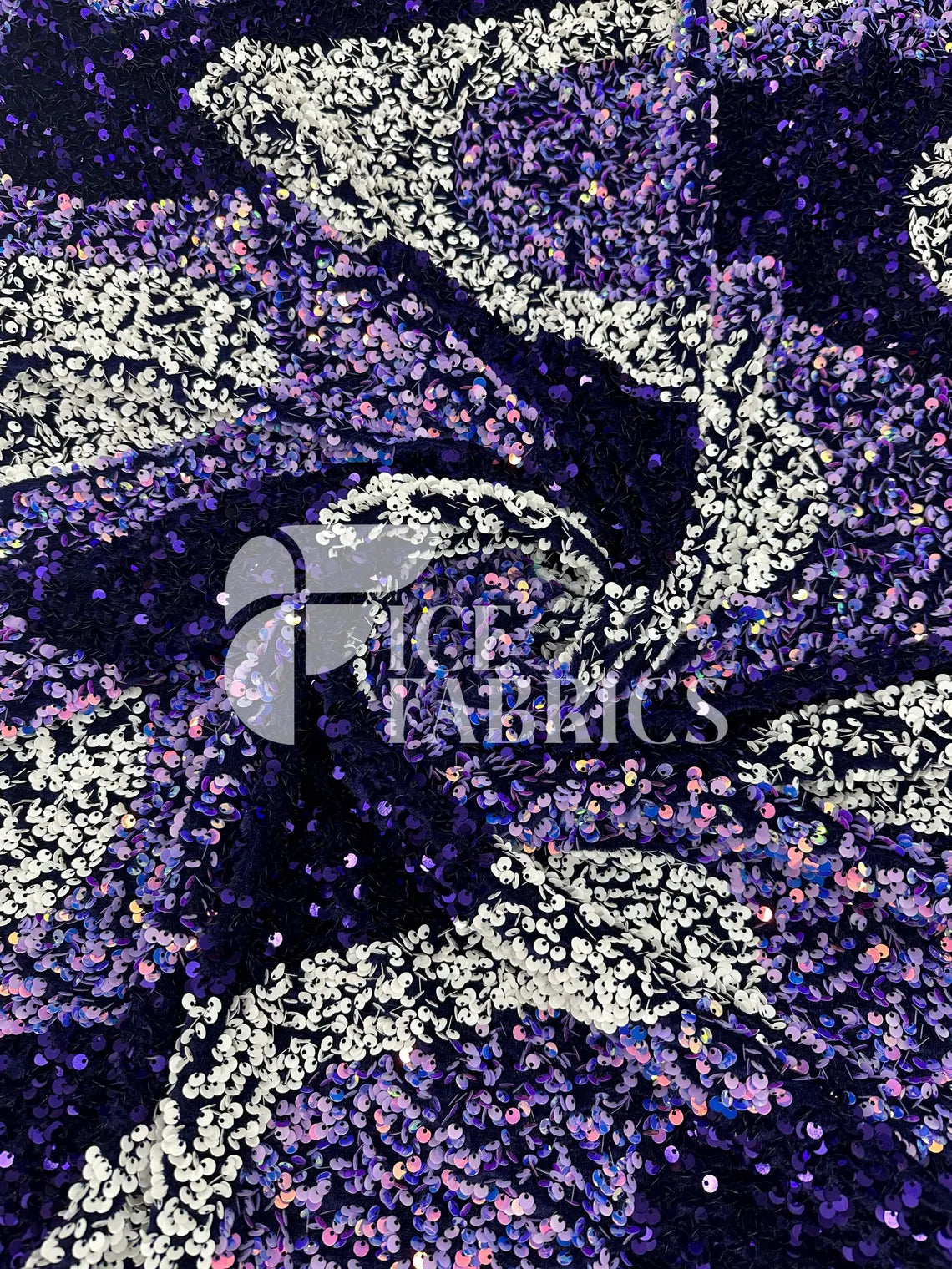 Wavy Purple White on Lavender Stretch Velvet Sequin Fabric