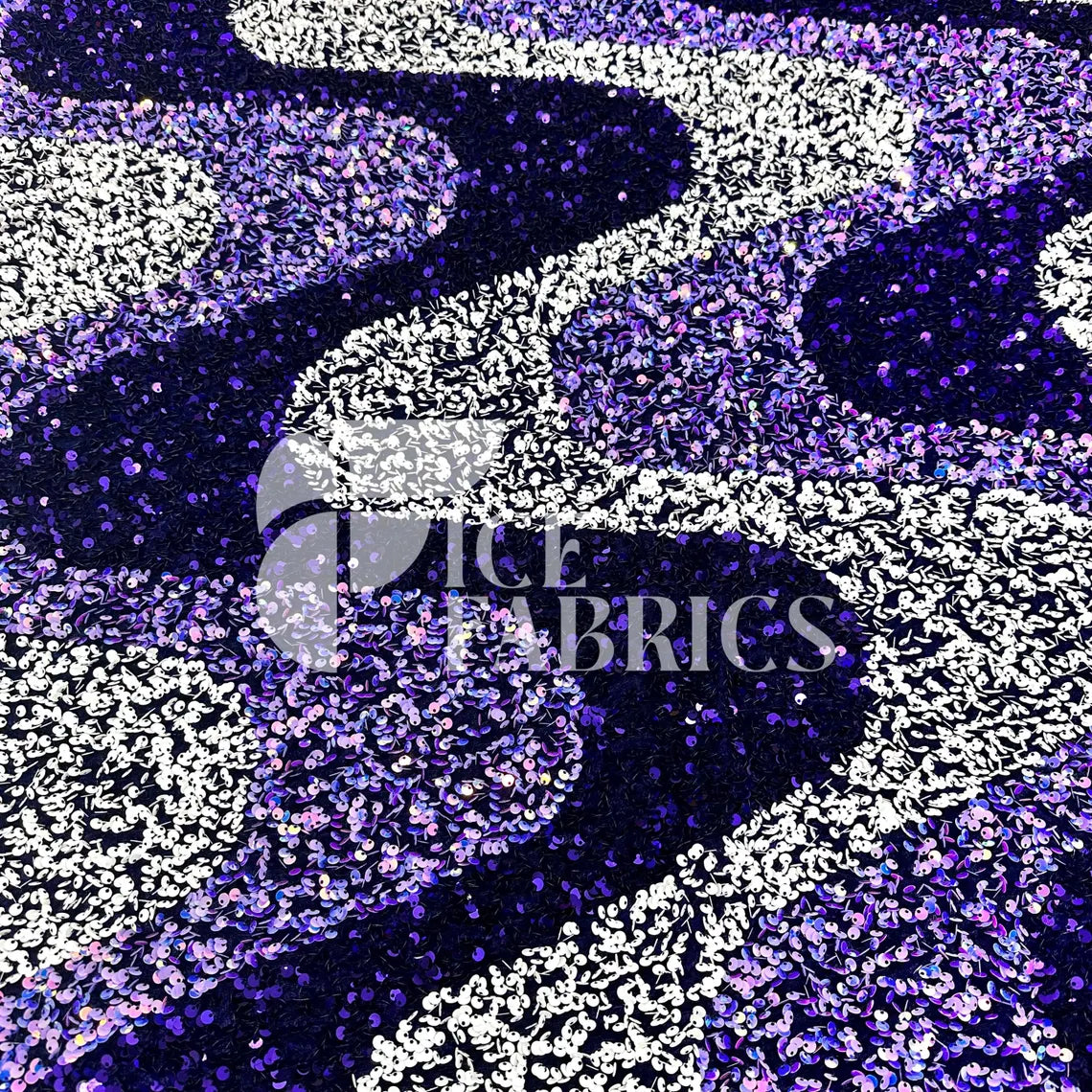 Wavy Purple White on Lavender Stretch Velvet Sequin Fabric