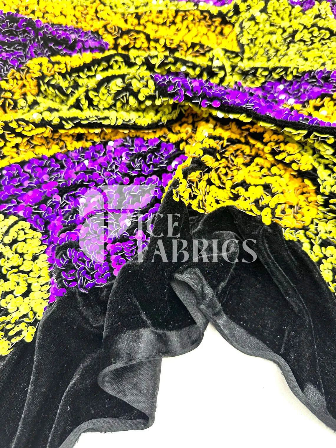 Wavy Purple Yellow on Black Stretch Velvet Sequin Fab