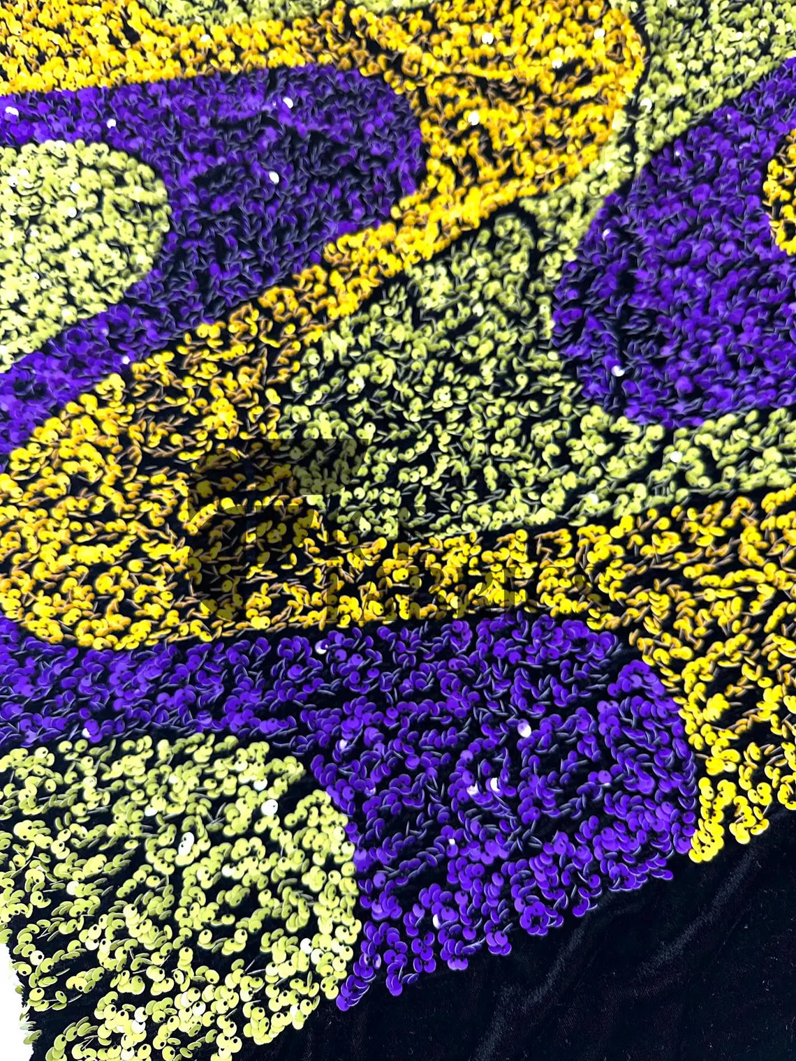 Wavy Purple Yellow on Black Stretch Velvet Sequin Fab