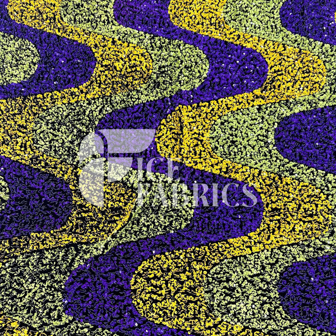 Wavy Purple Yellow on Black Stretch Velvet Sequin Fab