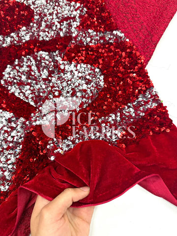 open lace back dress Wavy Red Silver on Red Stretch Velvet Sequin Fabric