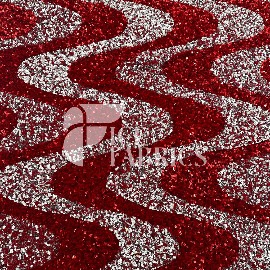 Wavy Red Silver on Red Stretch Velvet Sequin Fabric