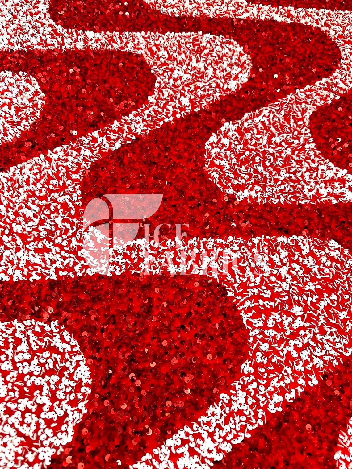 Wavy Red White on Red Stretch Velvet Sequin Fabric