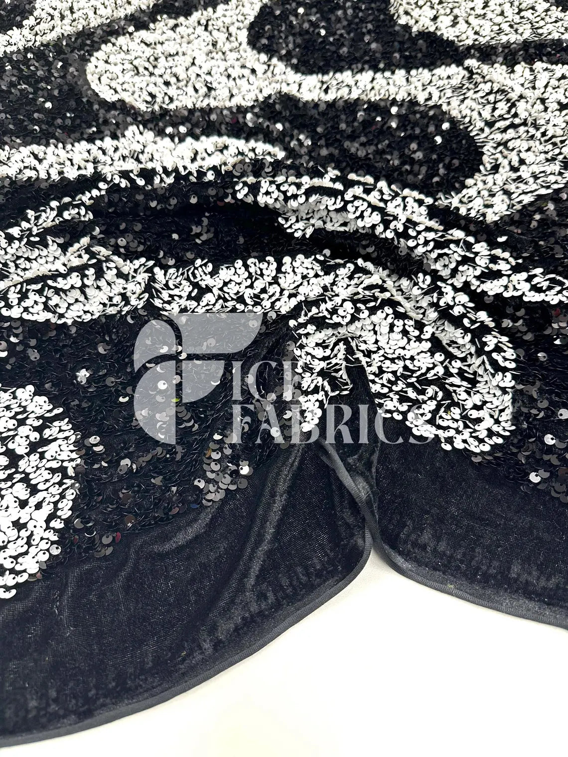 Wavy White Black on Black Stretch Velvet Sequin Fabric