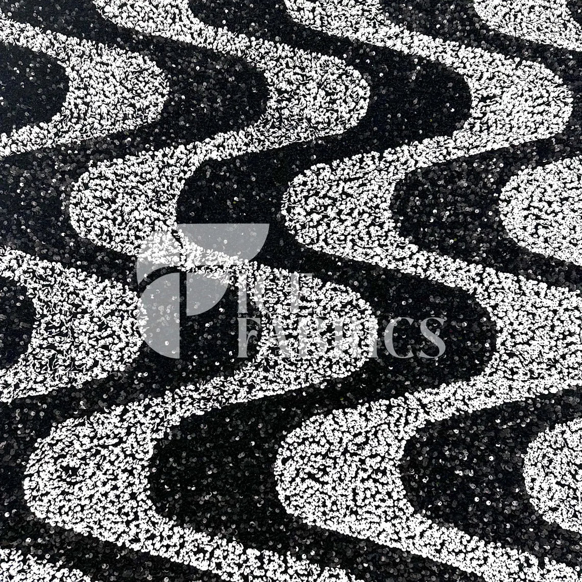 Wavy White Black on Black Stretch Velvet Sequin Fabric