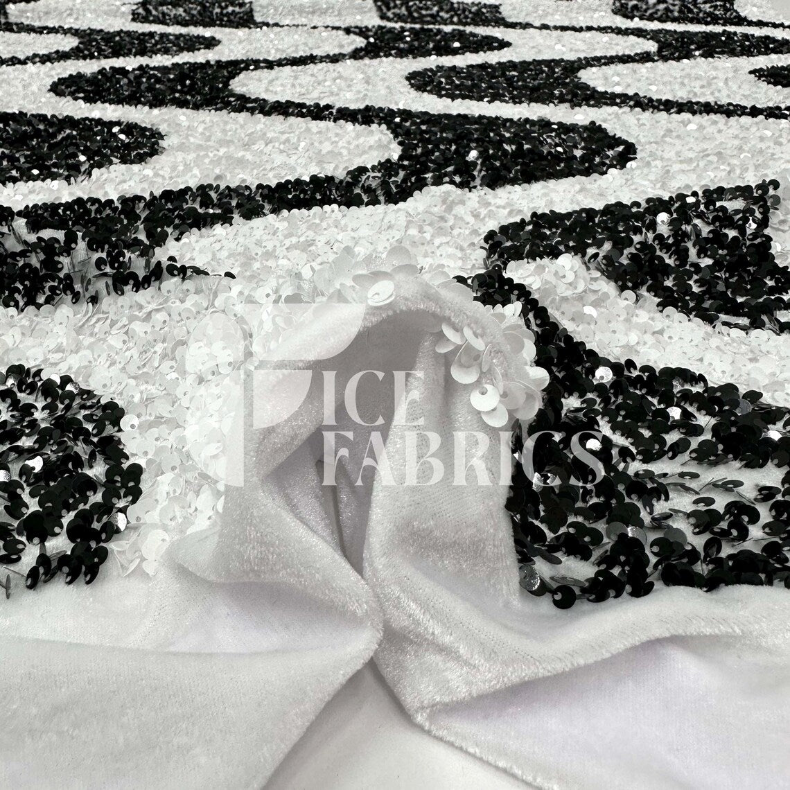 Wavy White Black on White Stretch Velvet Sequin Fabric