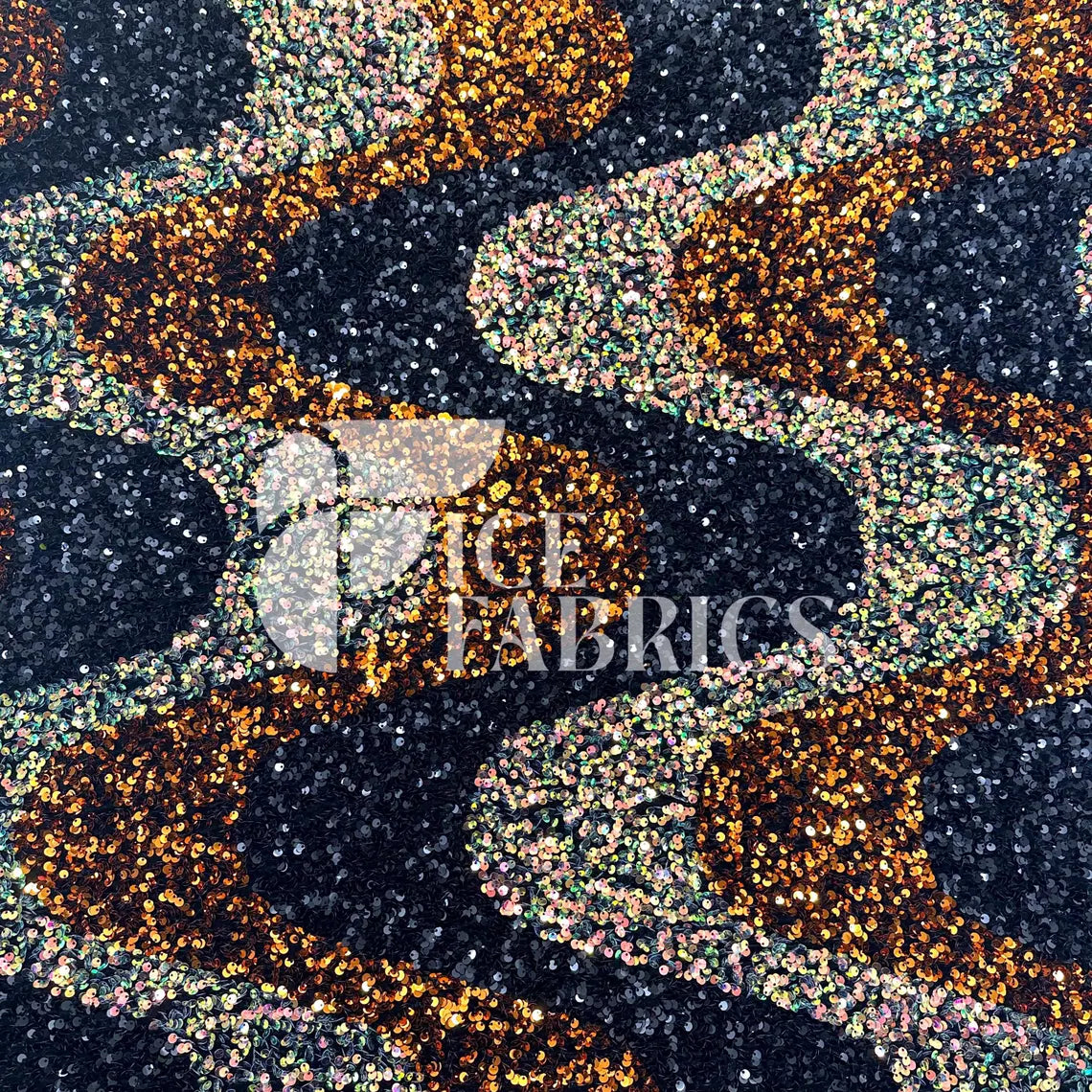 Wavy Gold Black Iridescent on Black Stretch Velvet Sequin Fabric