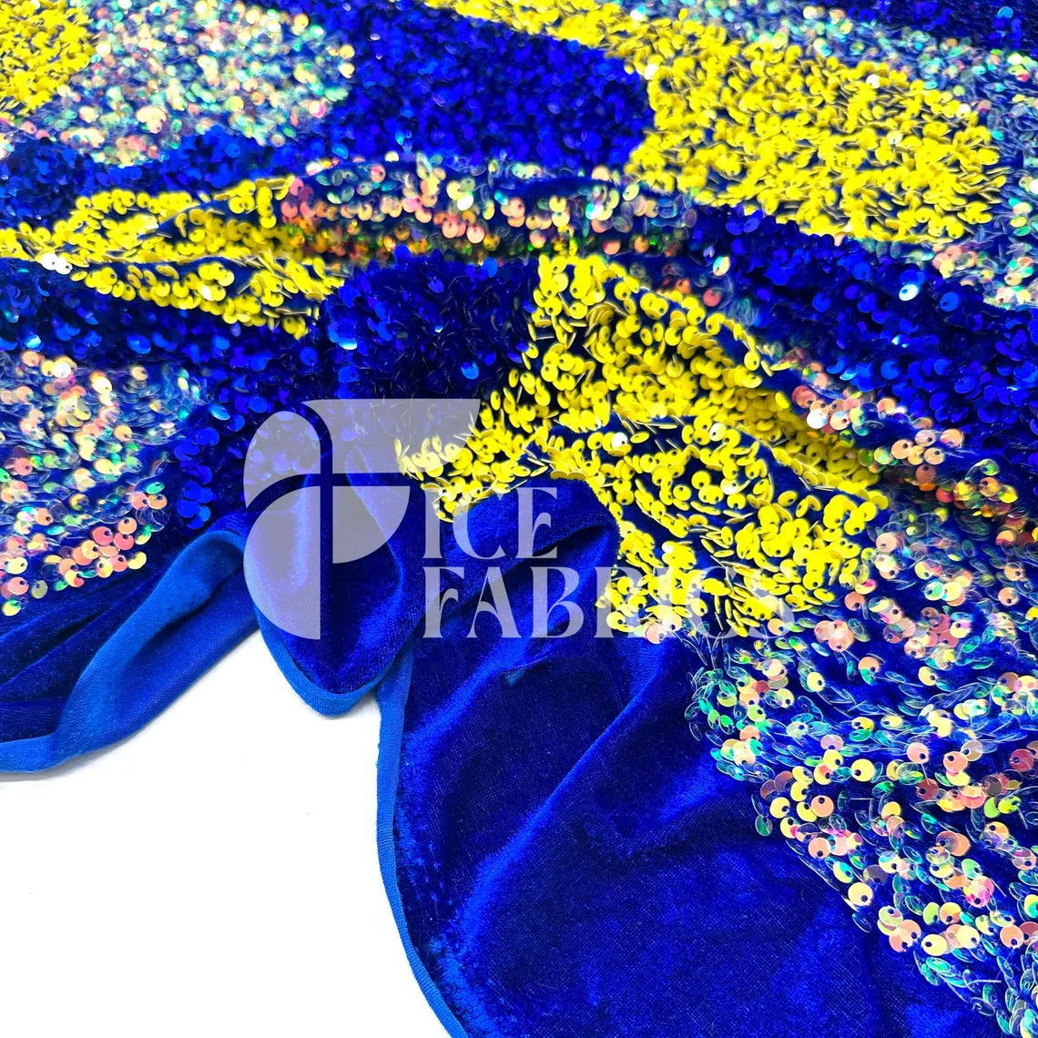 Wavy Yellow Royal on Blue Stretch Velvet Sequin Fabric